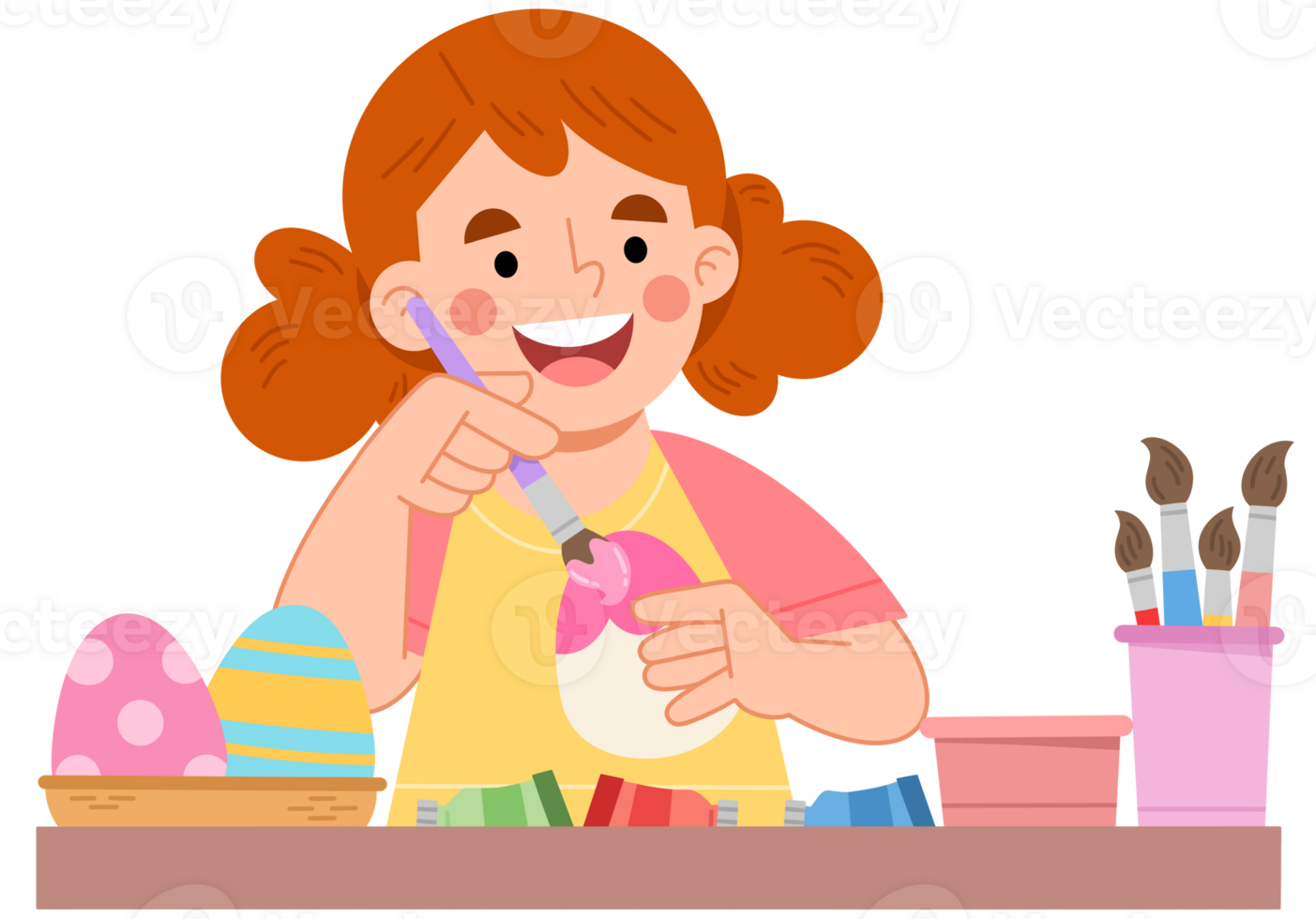 Illustration of Cute Girl Painting Easter Eggs at a Table png