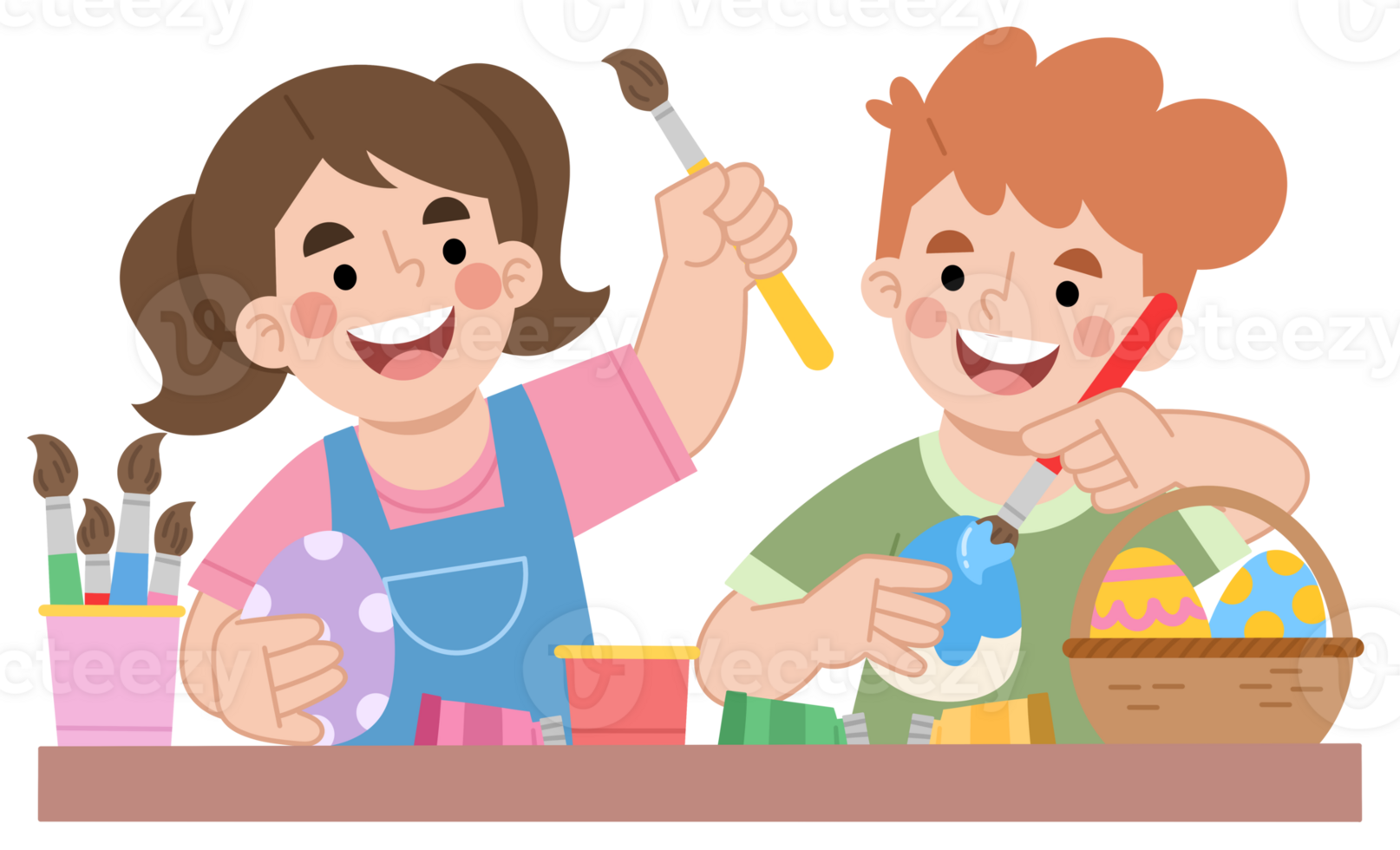 Illustration of Happy Children Painting Easter Eggs png