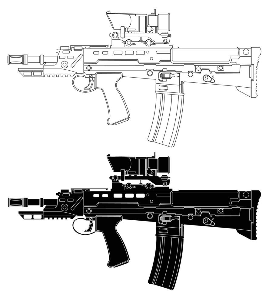 Black and white illustration of British assault rifle short version vector