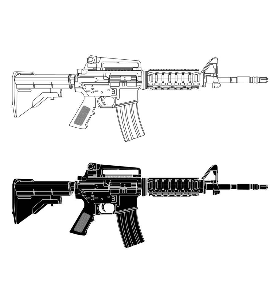 Black and white illustration of army assault rifle vector