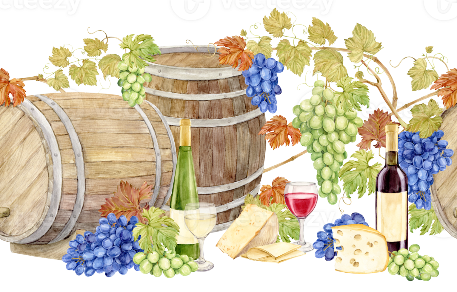 Seamless pattern with wooden barrels, blue and green grapes, cheese, wine bottles and glasses. Watercolor illustration for a wine list. White and red wine, grapevine with blue and green berries. png