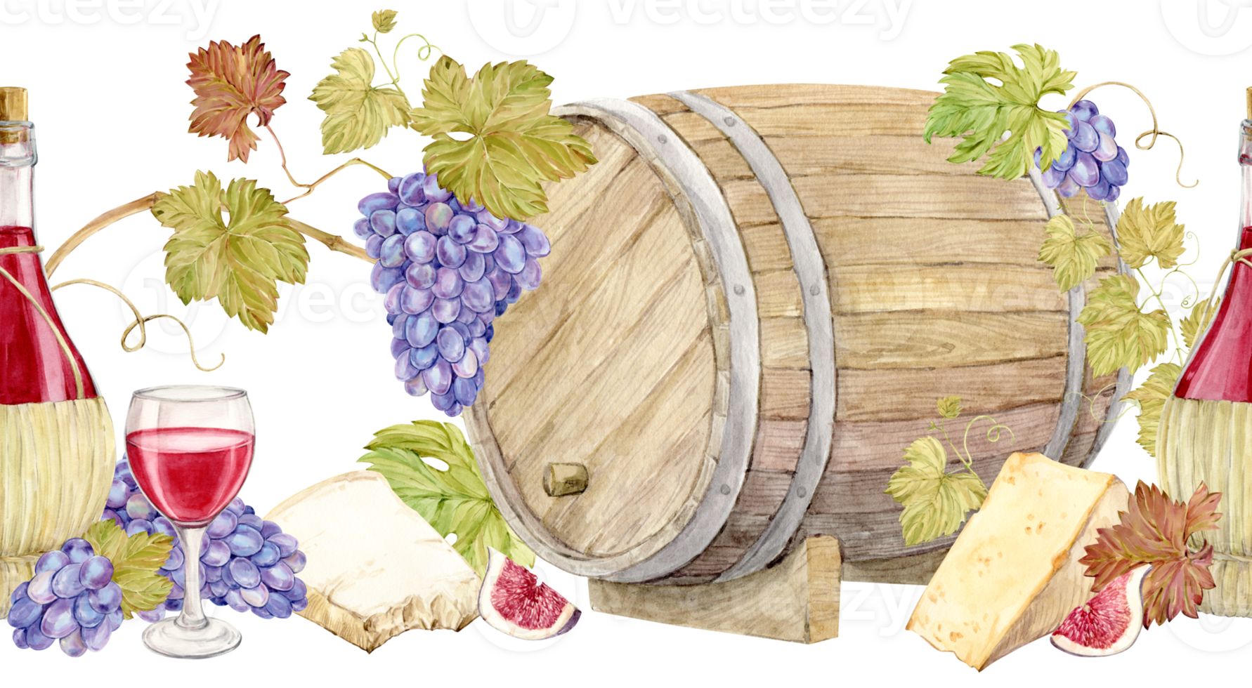 Seamless pattern with wooden barrels, purple grapes, cheese, wine bottles and glasses. Watercolor illustration for a wine list. Red wine in a straw-woven jug, grapevine with blue and parmesan. png