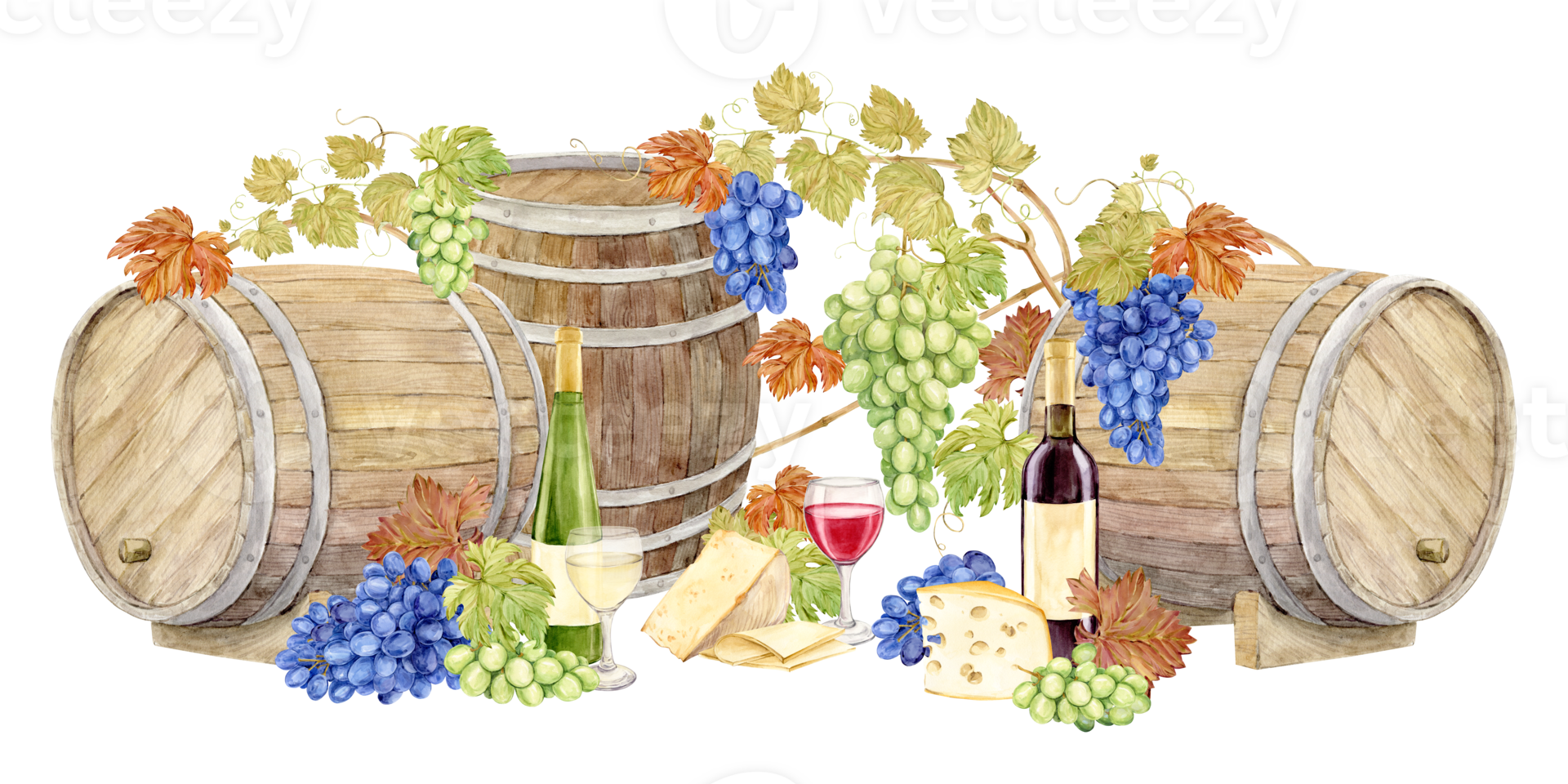 Composition of oak barrels, wine bottles, grapes and glasses with red and white wine. Watercolor illustration with homemade wine and cheese. Concept of old winery and vineyard in retro rural style. png