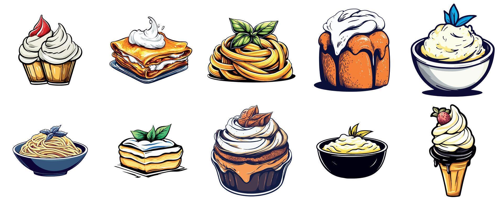 Delicious Dessert and Savory Pasta Treats vector