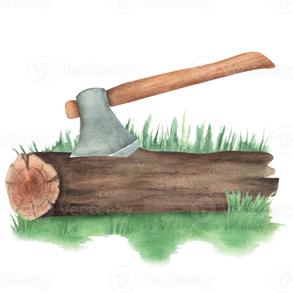 A log with an axe in it on the green grass. Camping scene. Firewood cutting. Tourist equipment. Travelling clipart. Hand-drawn watercolor illustrations png