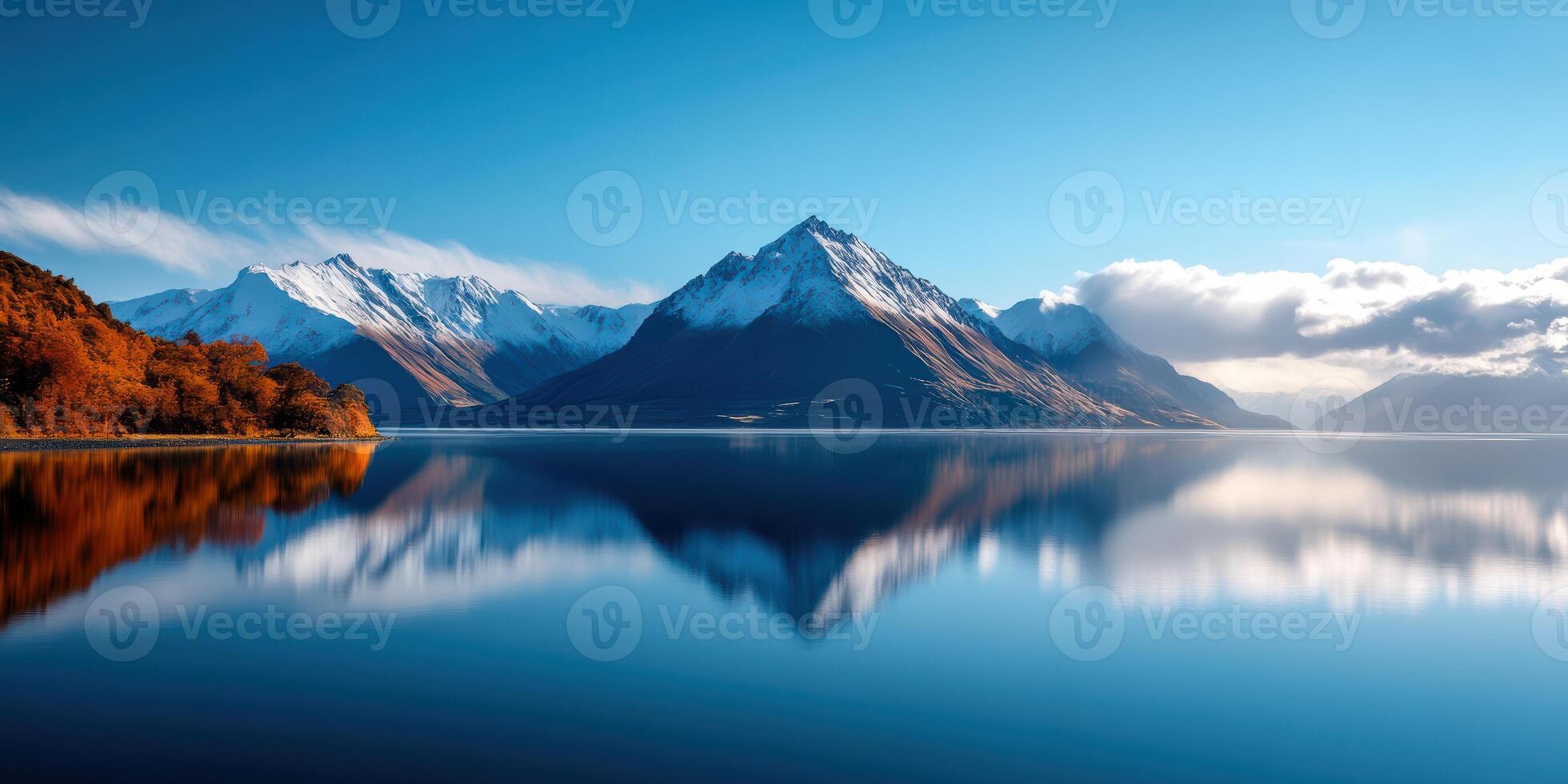 vibrant azure sky over crystal clear mountain lake reflecting majestic vista of snow-capped peaks and panoramic wilderness scenery photo