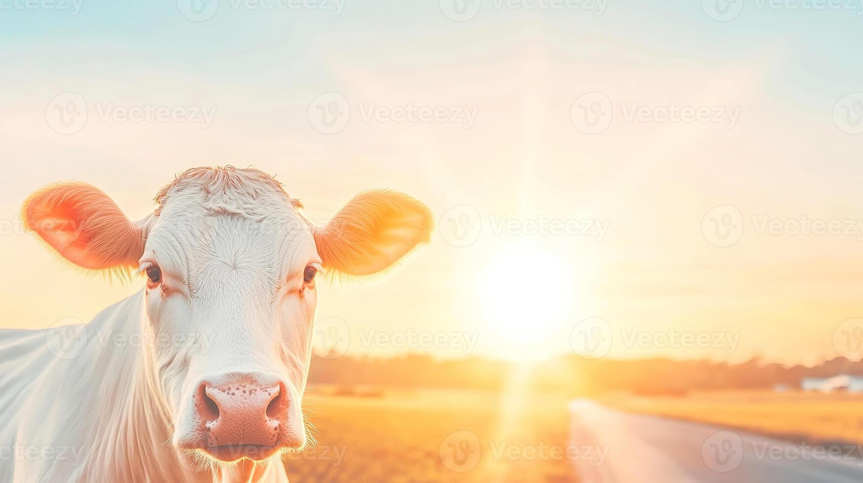 Close up of cow in sunset pasture with scenic countryside view. photo
