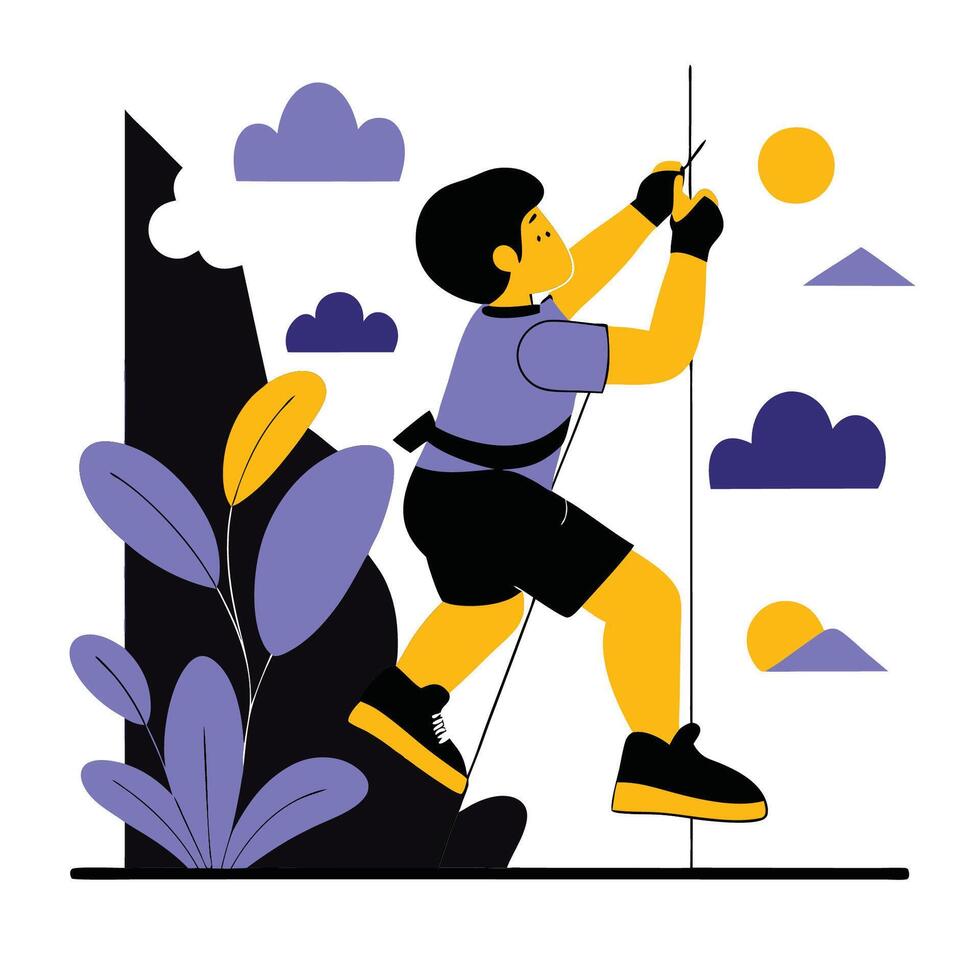 Young Child Demonstrates Confidence and Perseverance While Scaling Climbing Wall vector