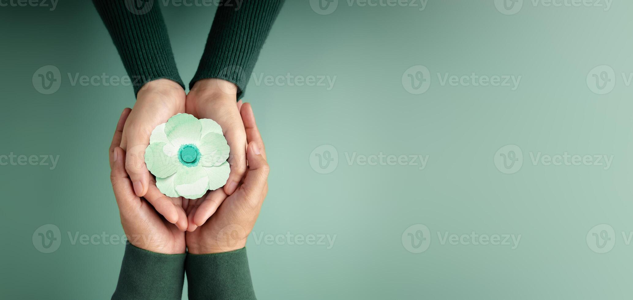 Two People using Hands to Embracing a White Paper Poppy Flower Together. Sign of Peace and New Beginnings of Hope. World International Peace Day. Top View photo