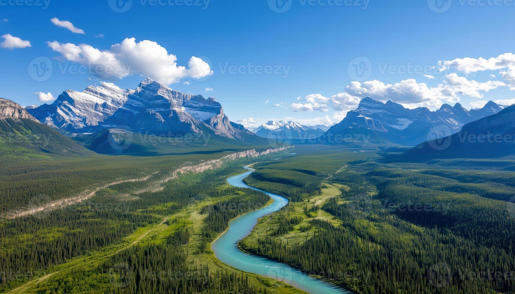 majestically towering snow-capped alpine peaks, cerulean sky overlooking turquoise waters photo