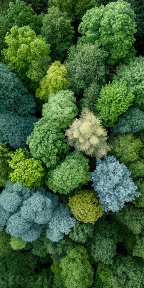 tapestry of skyward reach, verdant canopy unveiled - an aerial journey through greenery-kissed landscape, capturing hues from tall trees to heavens photo