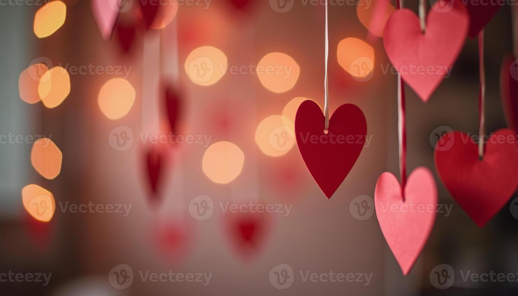 Heart paper cutouts hanging from strings, blurred bokeh background of fairy lights. Valentine's day photo