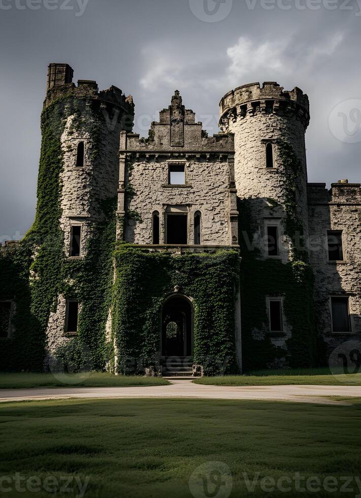 A large castle with ivy growing on it photo