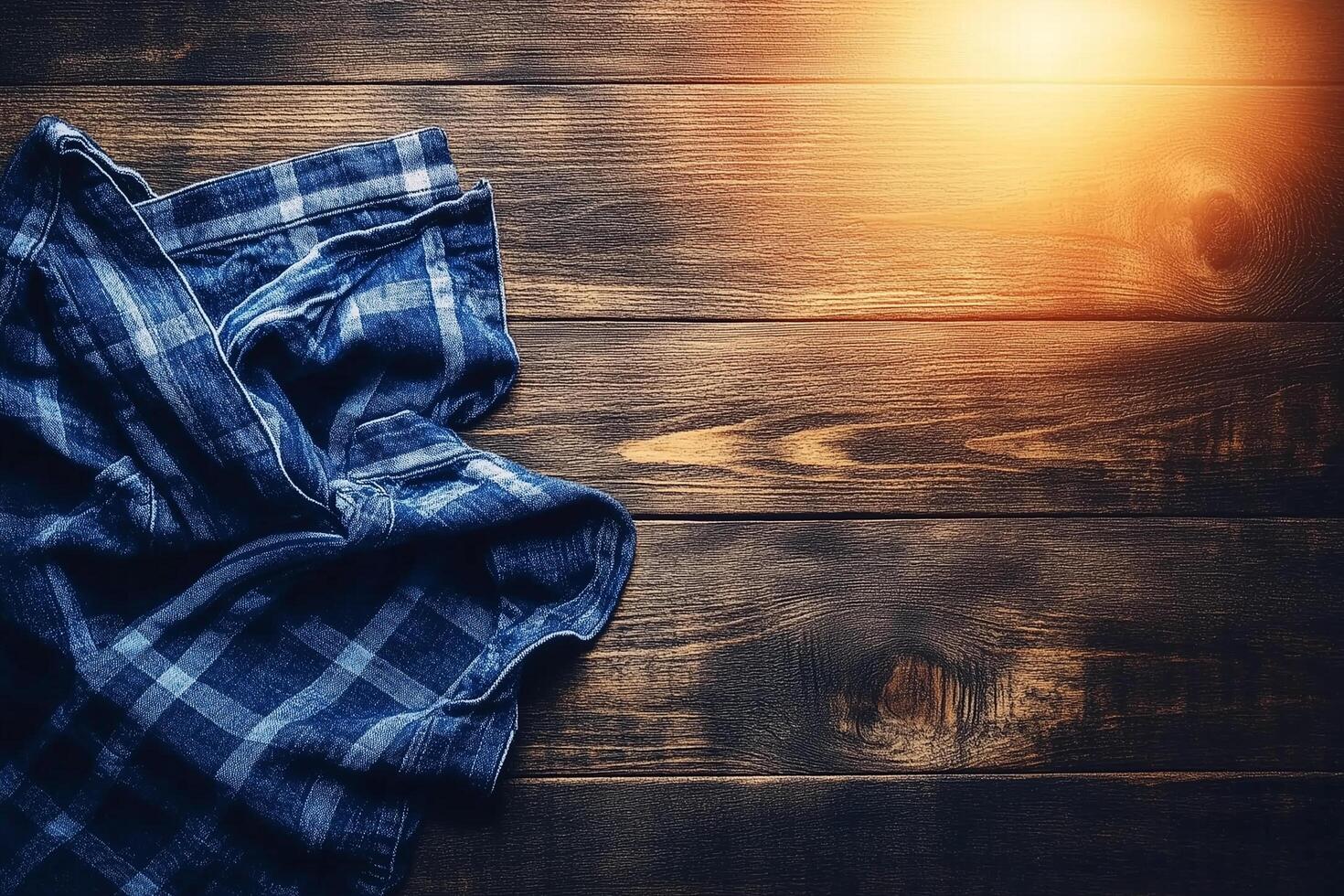 Blue Checkered Tablecloth on Rustic Wooden Surface with Warm Light Reflection photo