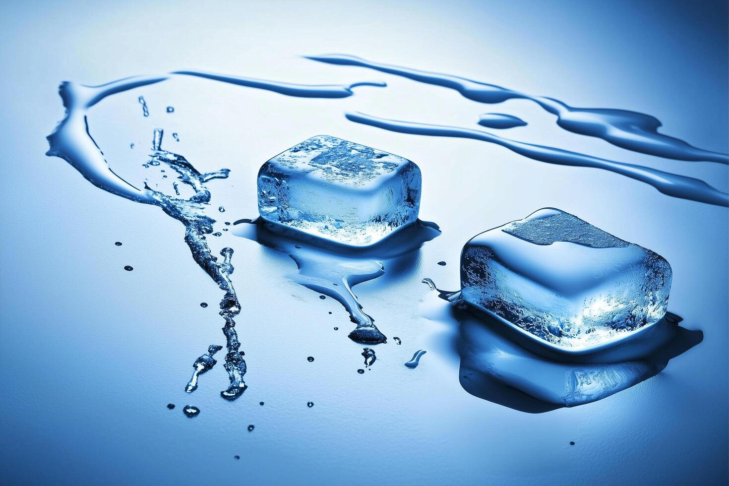 Closeup of Ice Cubes on White Background with Water Drops and Reflection in Soft Blue Lighting photo