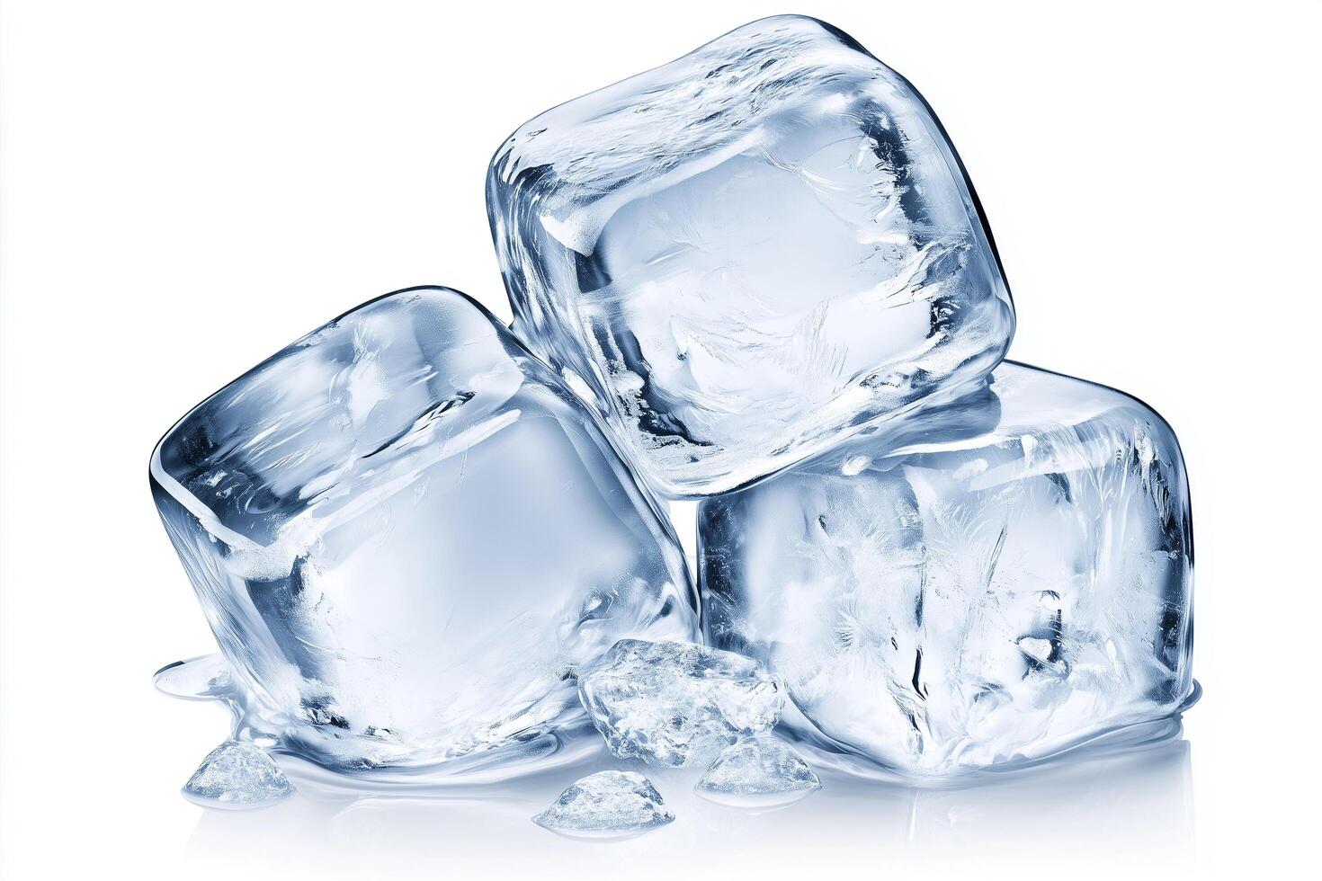 Crystal Clear Ice Cubes Piled on a White Background Showcasing Transparency and Shine photo
