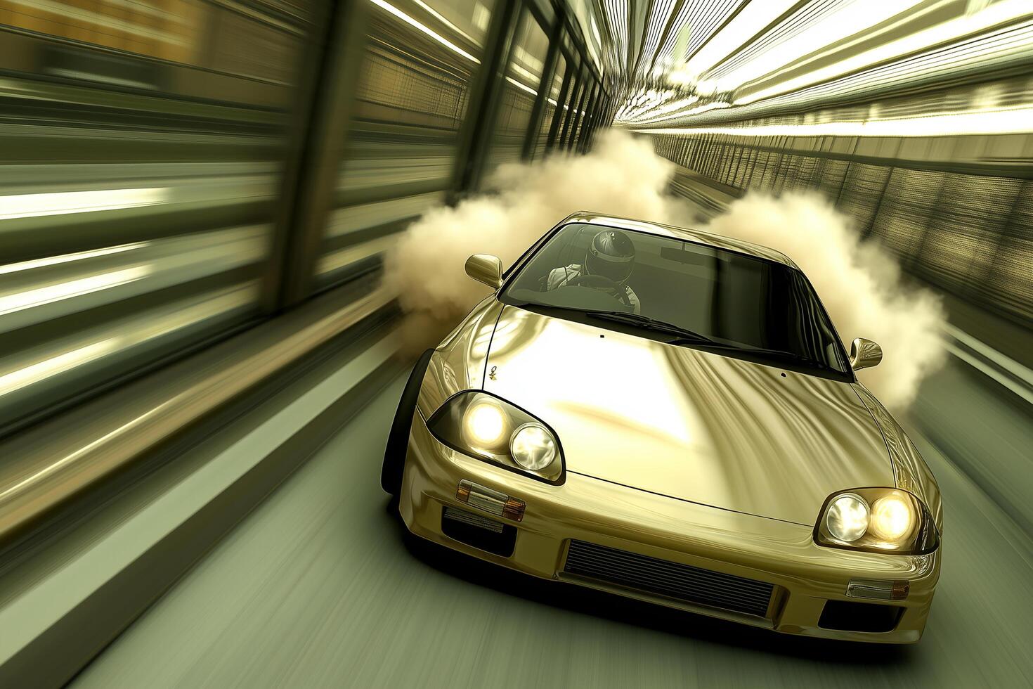 Dynamic Drifting Car with Blurred Motion and Smoke on Speed Track in High-Octane Race Scene photo
