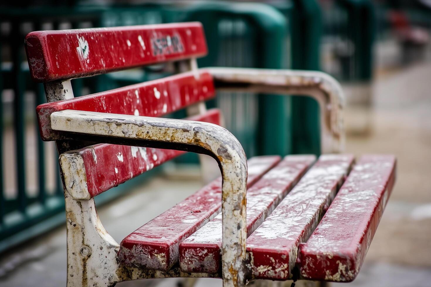 Weathered Red Stadium Seat Surrounded by Green Railings in Outdoor Environment photo
