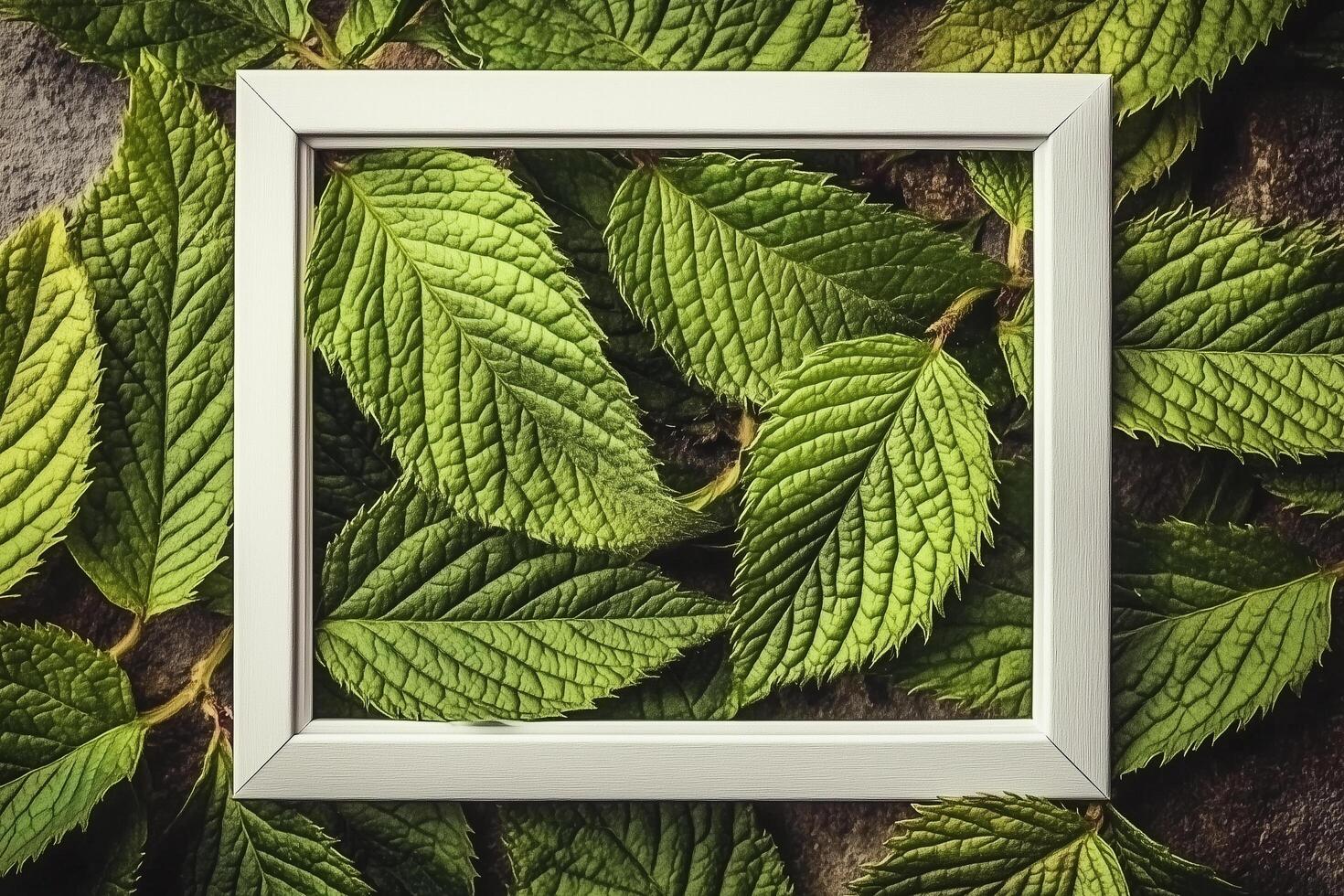 Elegant Green Leaves Framed in White Square for Creative Advertising Invitation Design photo