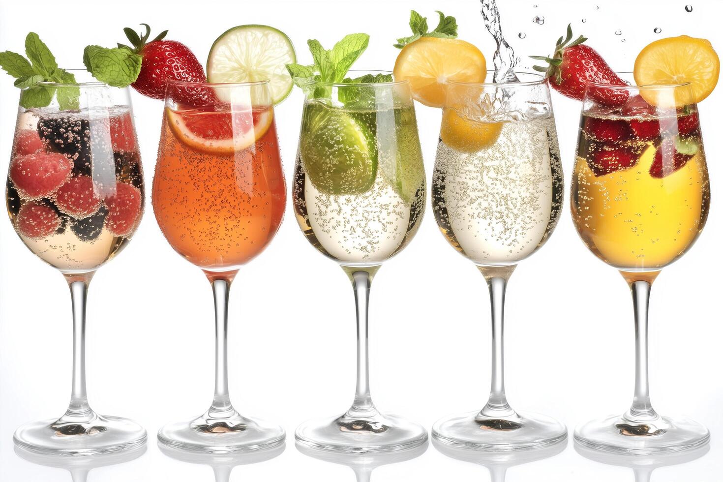 Refreshing Group of Colorful Drinks in Glasses with Fruits and Bubbles Isolated on White Background photo