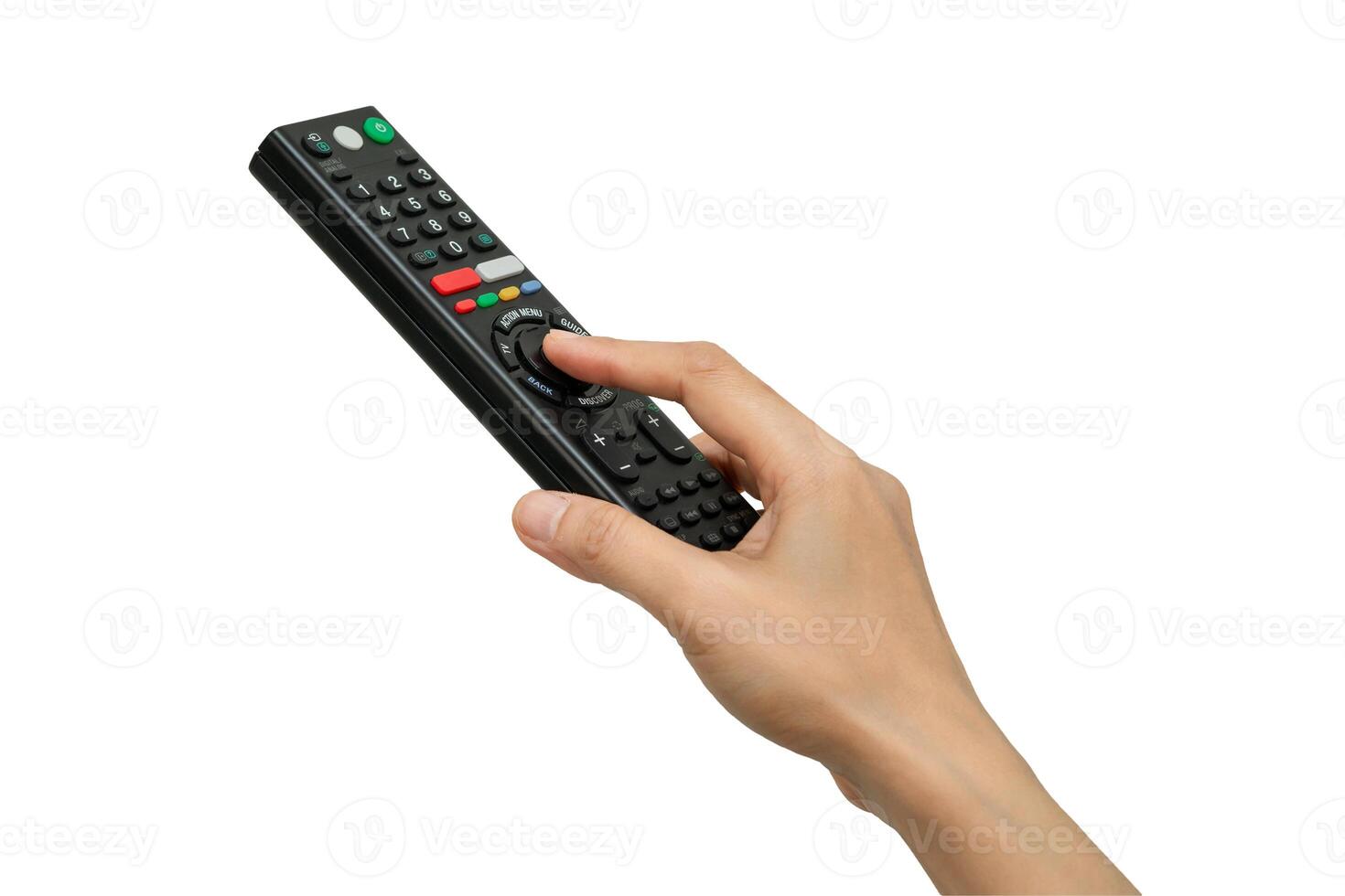 Asian woman use finger of left hand to press button on television remote control isolated on white background. photo