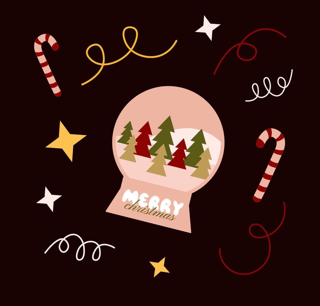 Festive Christmas card design, snow globe with winter forest scene inside. Cozy Xmas holiday typography with glass ball, candy canes, stars and confetti on square black background. illustration vector