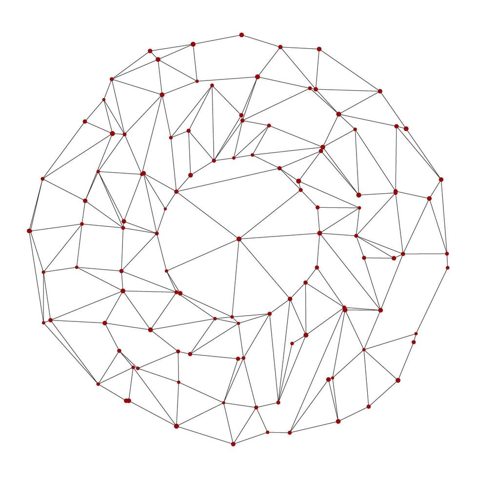 Network visualization of red nodes linked by black lines creating spherical pattern. Abstract isolated composition showcases interconnected data points, emphasizing complexity through simplicity. vector