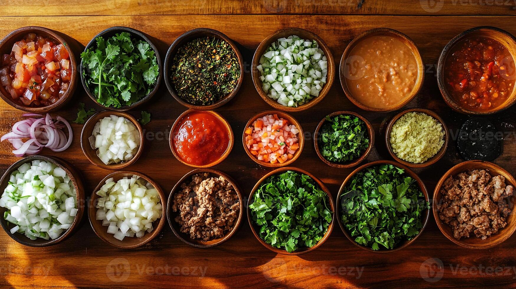 Colorful Array of Fresh Taco Ingredients Spread Across a Wooden Board, Showcasing Vibrant Toppings for Delicious Culinary Creations photo