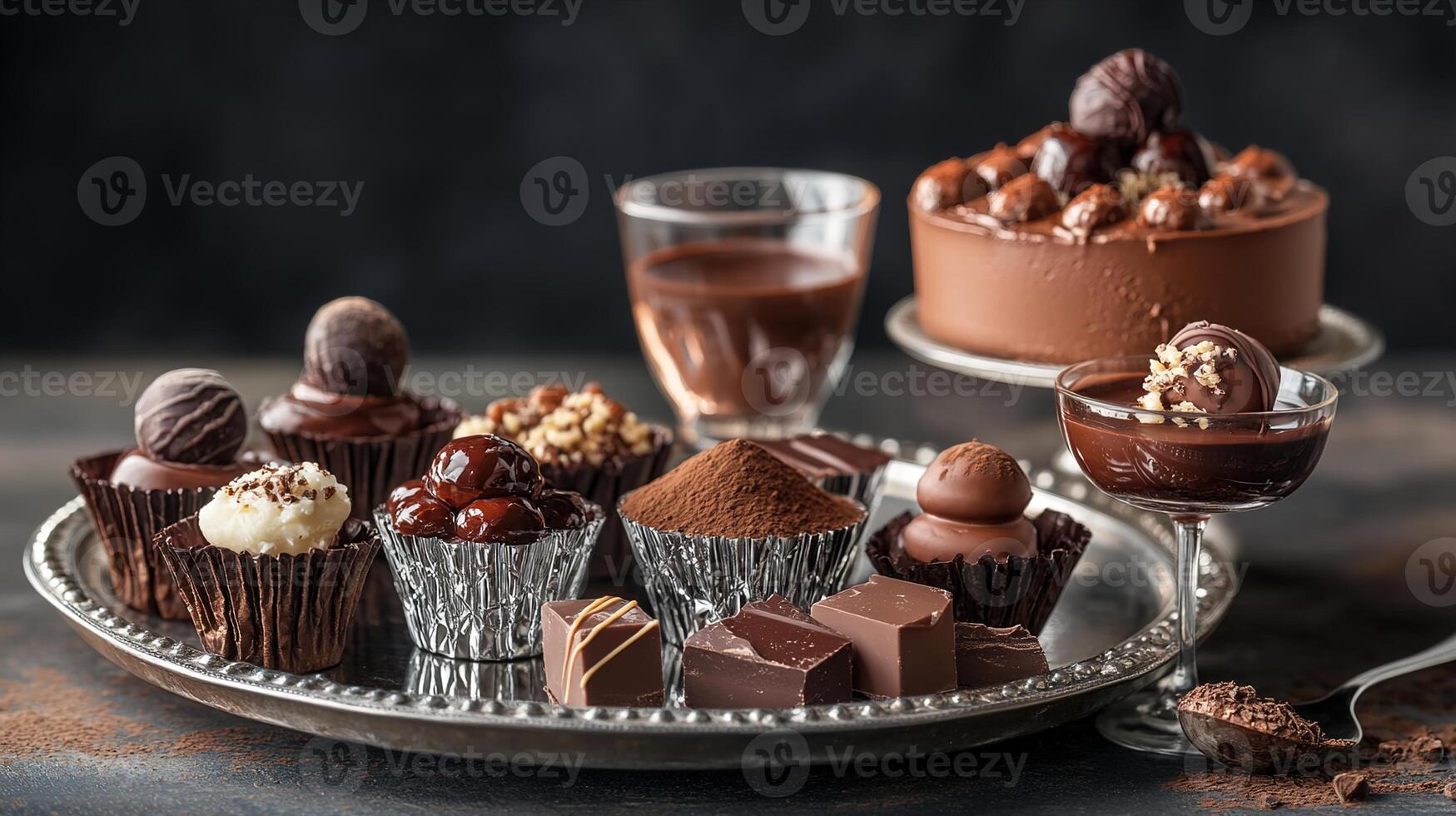 Decadent Display of Assorted Swiss Chocolate Desserts on a Silver Tray with Rich Dark Chocolate Cake and Gourmet Treats in an Elegant Setting photo
