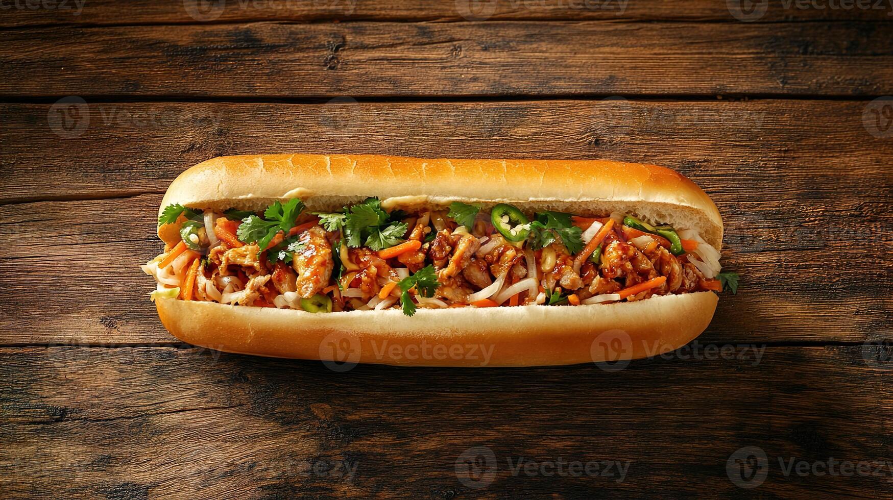Authentic Vietnamese Banh Mi Sandwich Bursting with Flavor and Fresh Ingredients on Rustic Wooden Background photo