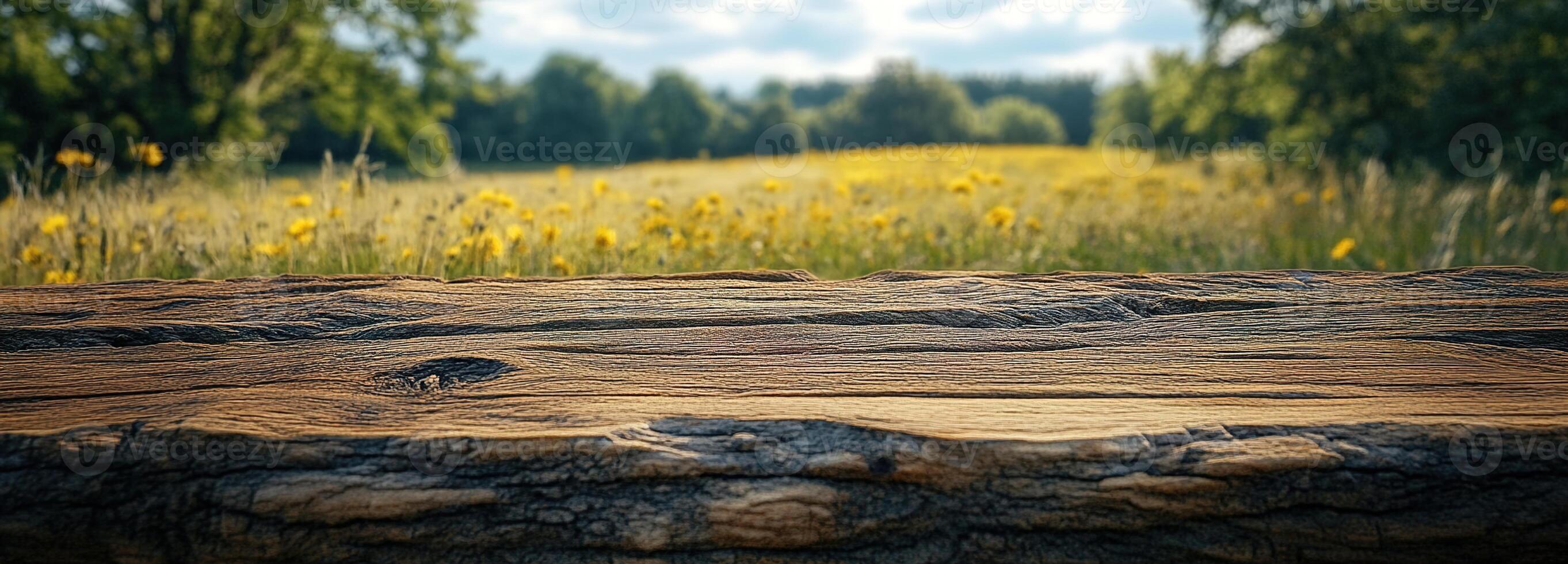 Beautiful countryside landscape with wooden texture foreground and vibrant flower-filled meadow under a blue sky with fluffy white clouds photo