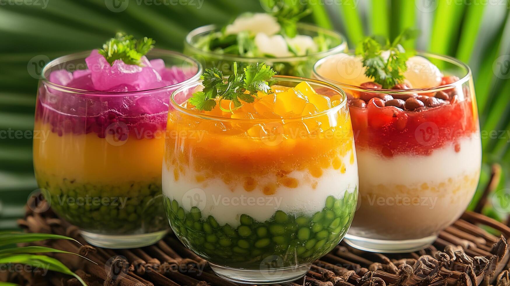 Colorful Assortment of Vietnamese Dessert Variations in Glass Cups Featuring Vibrant Colors and Fresh Ingredients on a Natural Background photo