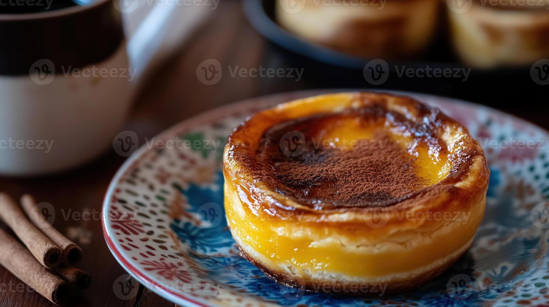 Delicious golden brown Portuguese pastel de nata dessert with a creamy custard filling on a decorative plate in a cozy setting photo