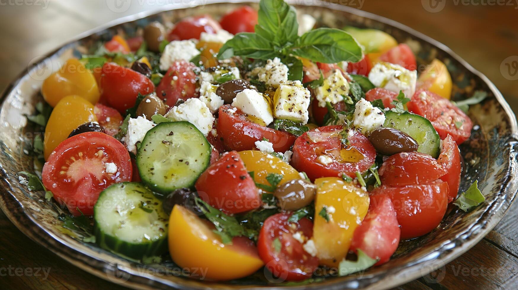 Fresh Colorful Greek Salad Featuring Ripe Tomatoes, Crunchy Cucumbers, Olives, Feta Cheese, and Fresh Herbs in a Rustic Serving Plate photo