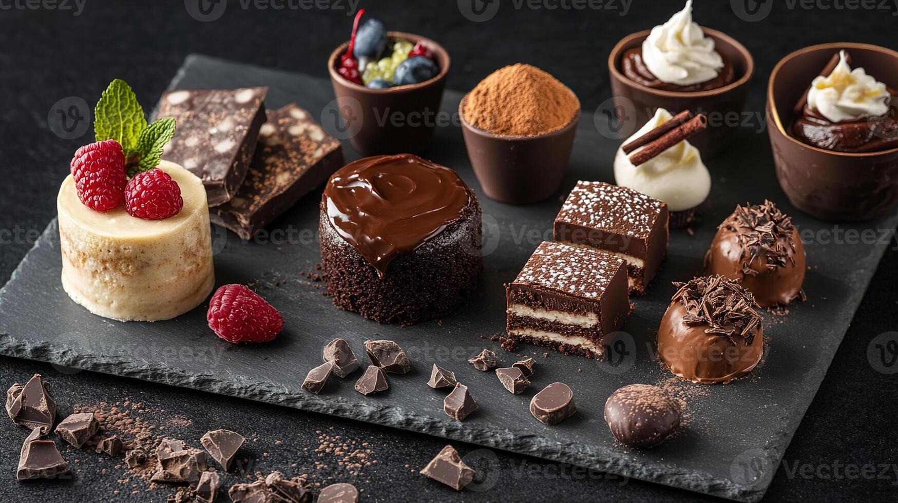 Decadent International Chocolate Dessert Spread Featuring Assorted Delicacies on a Stylish Slate Board with Fresh Berries and Sweet Toppings photo