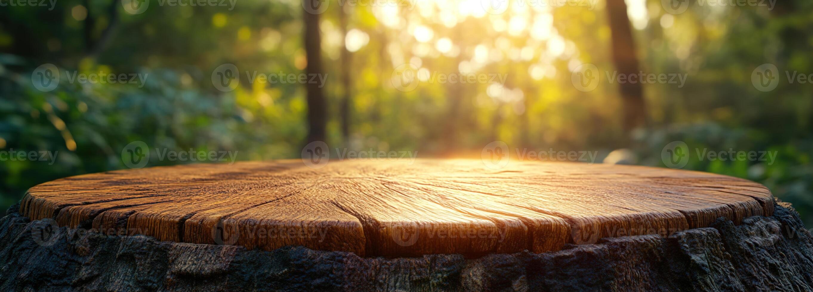 Scenic close-up of a wooden tree stump surrounded by lush greenery in a serene forest with soft sunlight filtering through the trees at sunset photo