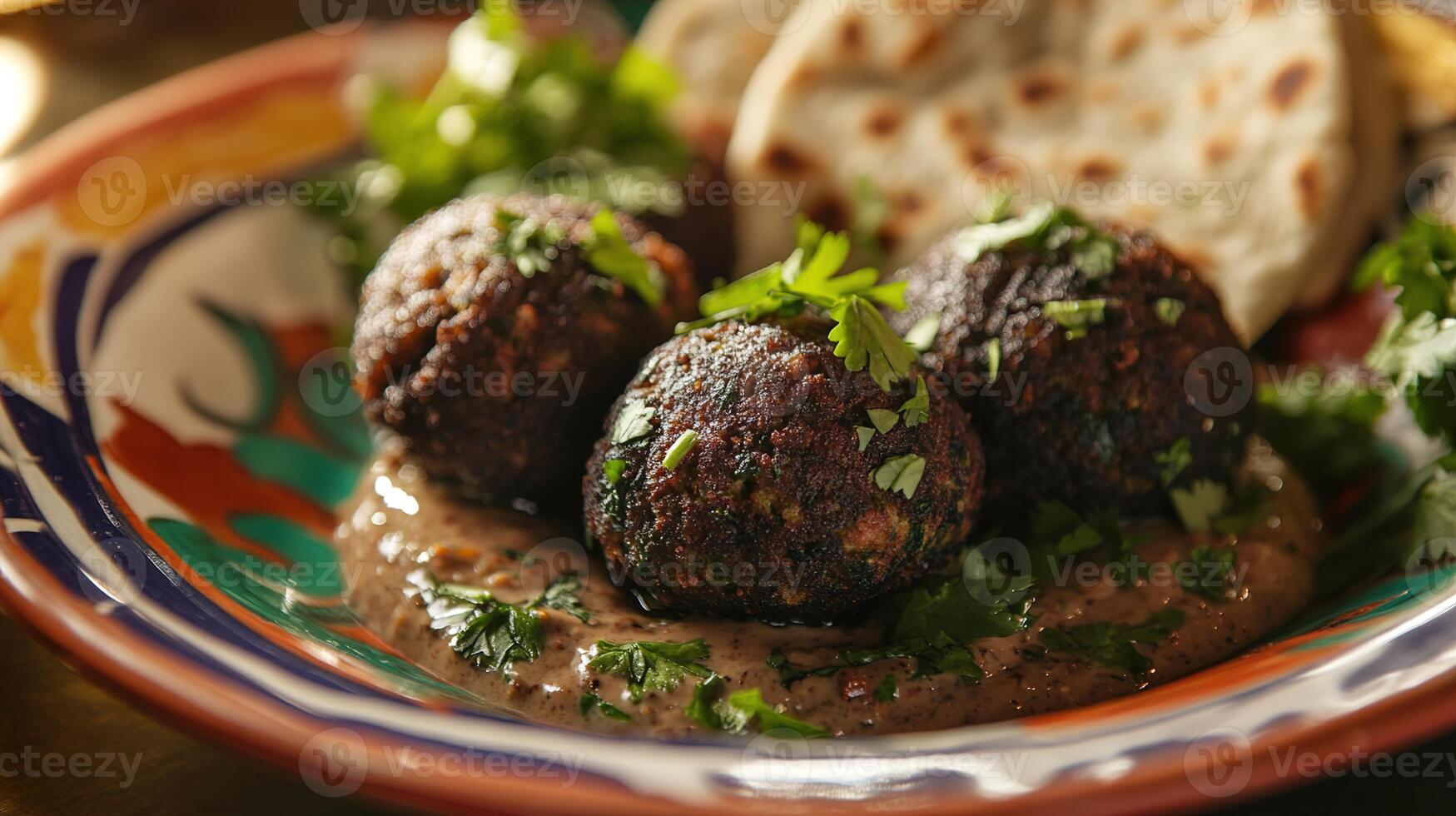 Close-up Shot of Authentic Israeli Falafel Balls Served with Fresh Herbs and Pita Bread on a Decorative Plate photo