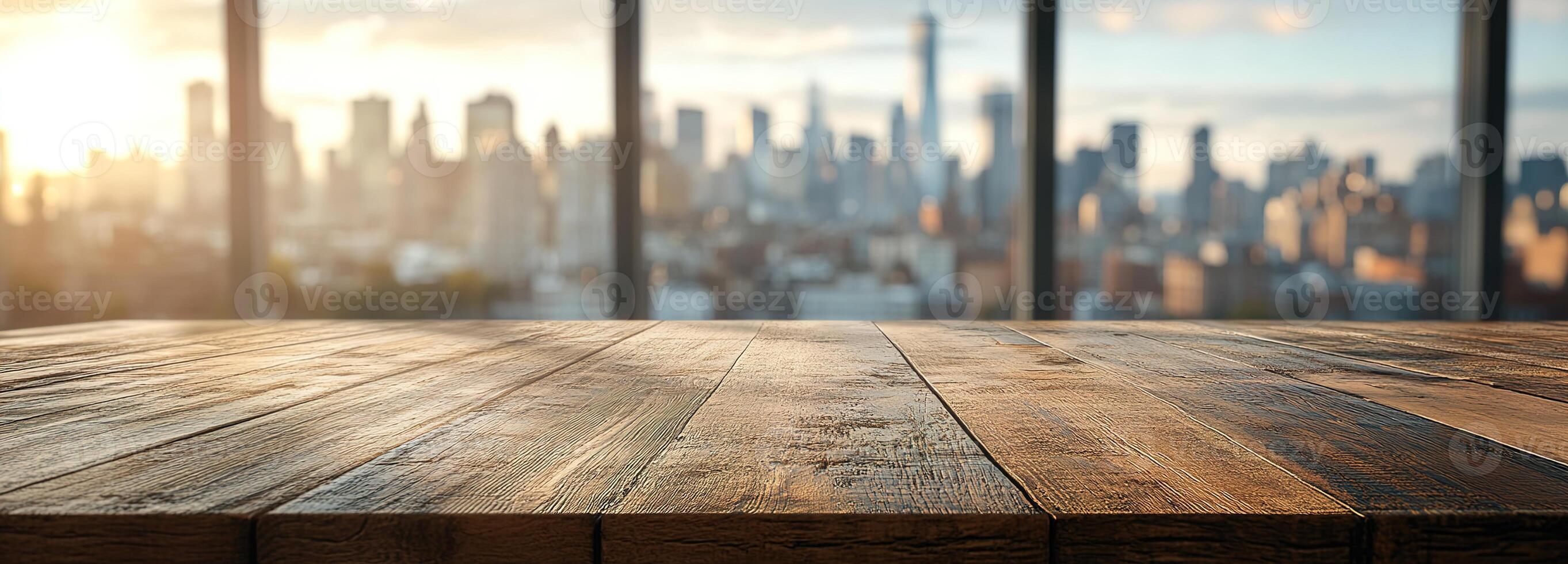 Wooden Table with City Skyline View at Sunset, Soft Glowing Light over Urban Landscape, Inspirational Background for Creative Projects photo