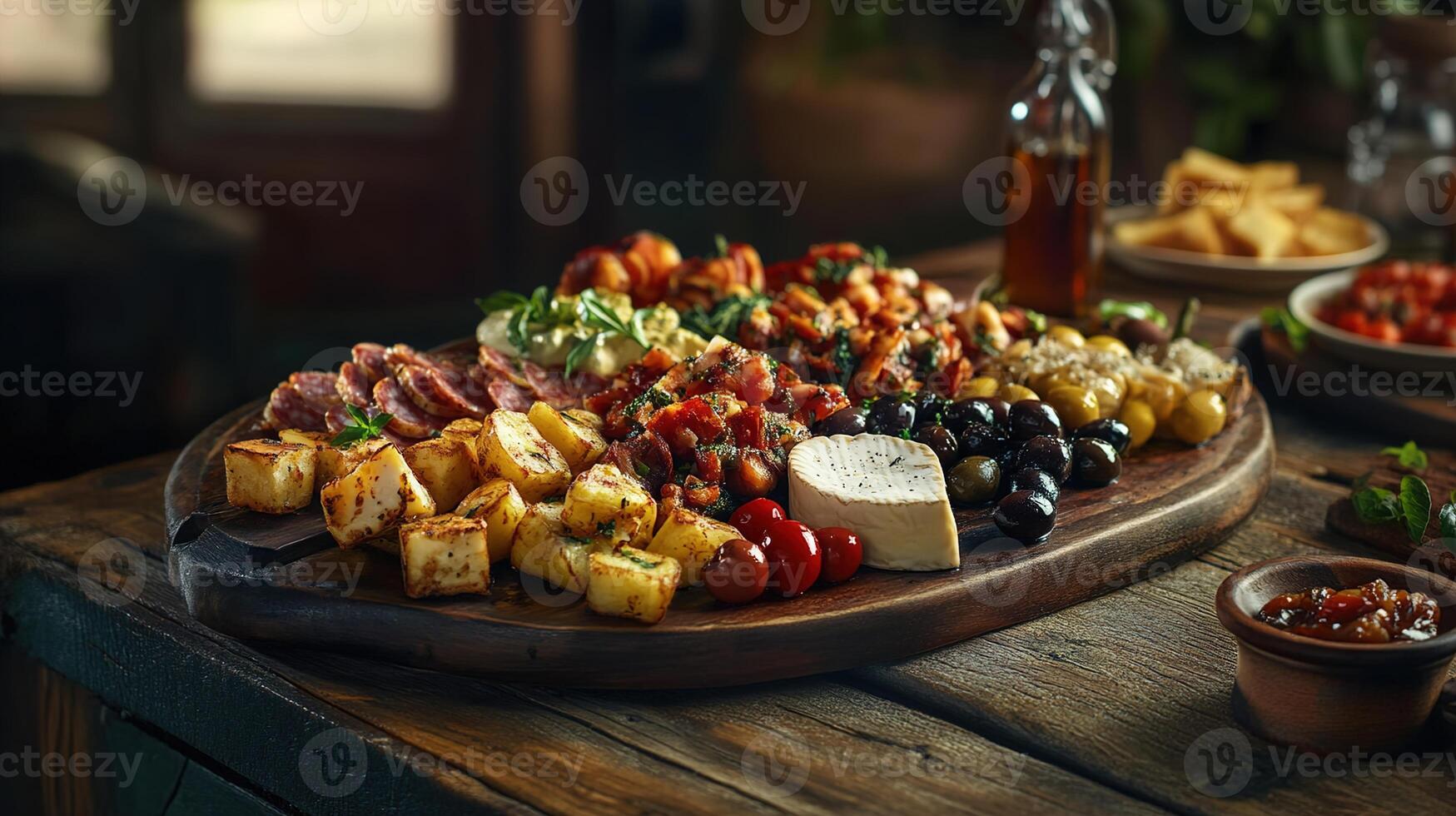 An Inviting Platter of Spanish Tapas Featuring Assorted Cheeses, Cured Meats, Fresh Vegetables, and Flavorful Dips for a Culinary Experience photo