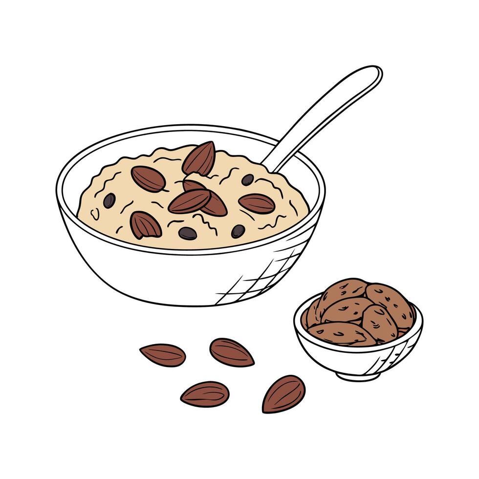 almond milk with oats and nuts in bowl illustration vector