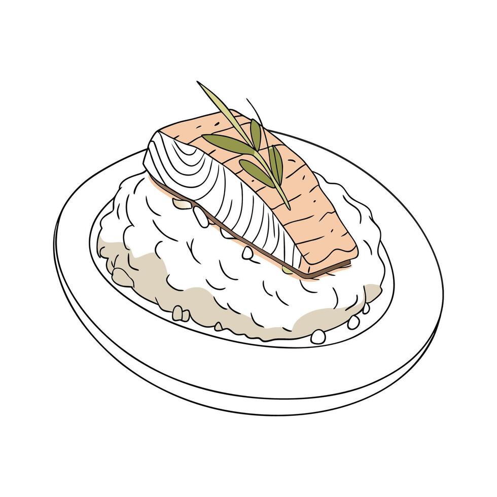 Savory Poached Salmon Rice Mash Quick Snack vector