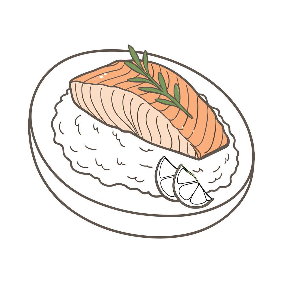 Nutritious Poached Salmon Rice Mash Healthy Dish vector