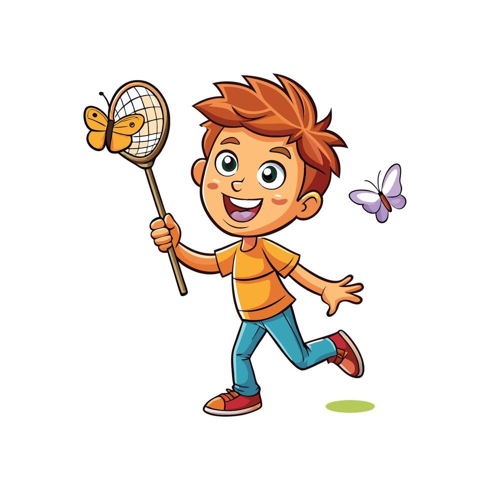 Joyful Boy Catching Butterflies Illustration vector