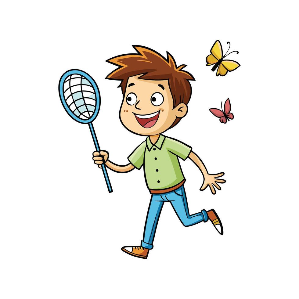 Delightful Boy Catching Butterflies Illustration vector