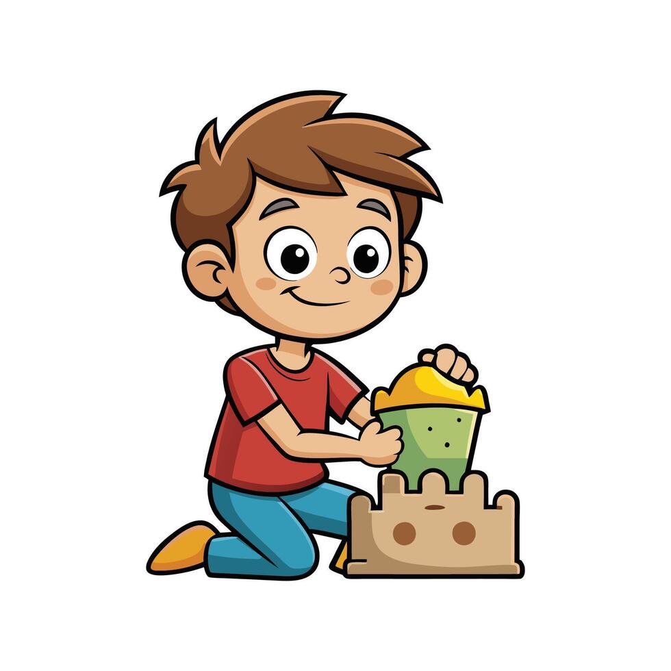 Delightful Boy with Sandcastle Mold vector
