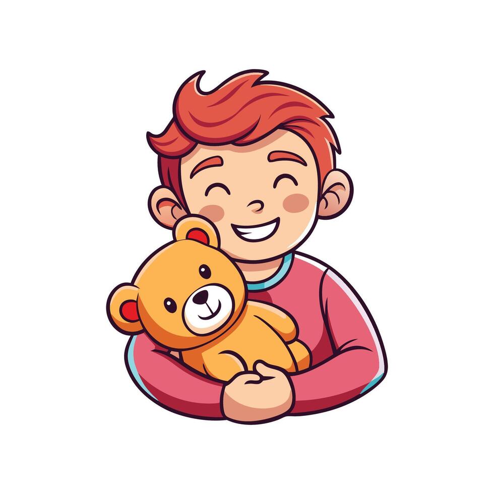 Delightful Boy Hugging Teddy Bear vector