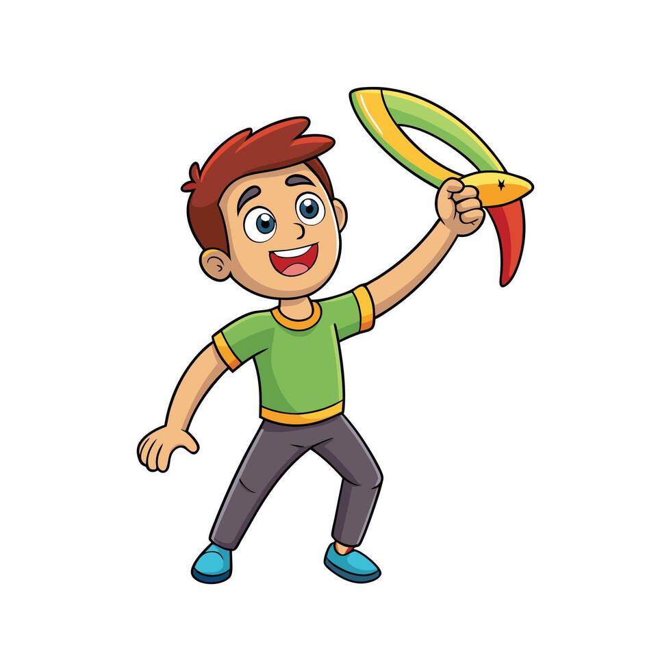 Delightful Boy with Toy Boomerang Ready vector