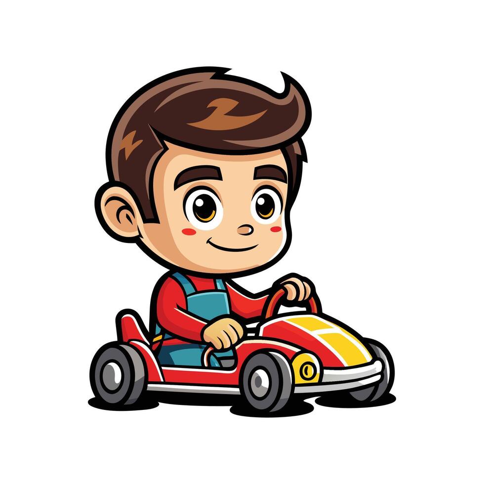 Joyful Boy with Toy Car Pretending to Race vector