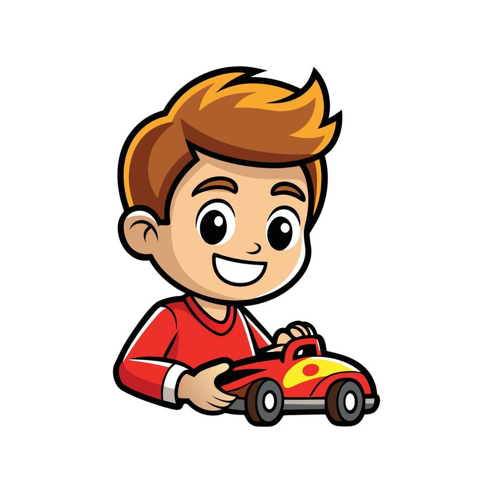 Delightful Boy Pretending to Race Toy Car vector