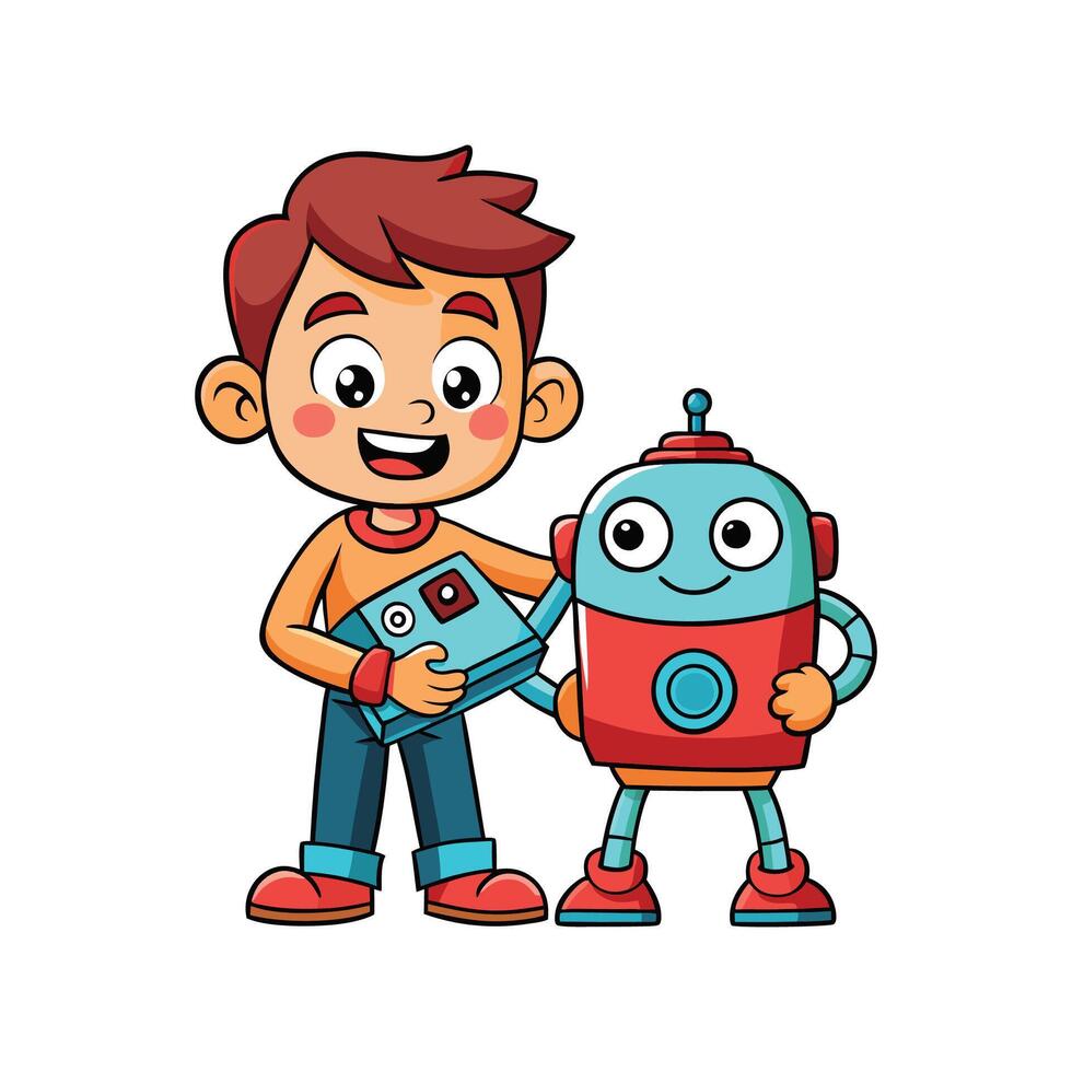 Child with Toy Robot in Imaginative Play vector